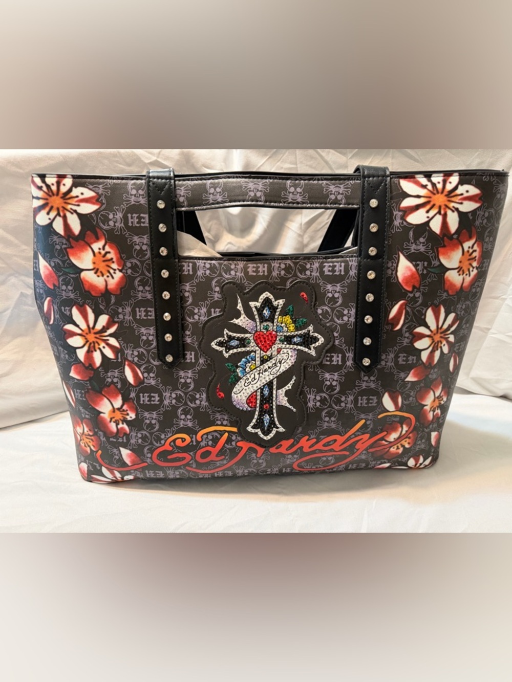 Ed Hardy Black Rhinestone Cross Tote
